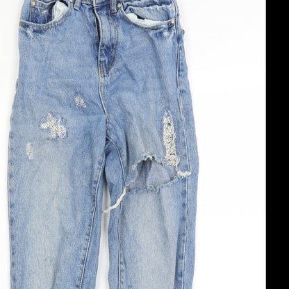 Close-up detail of denim&co women’s blue straight jeans, size UK 4, 26-inch leg