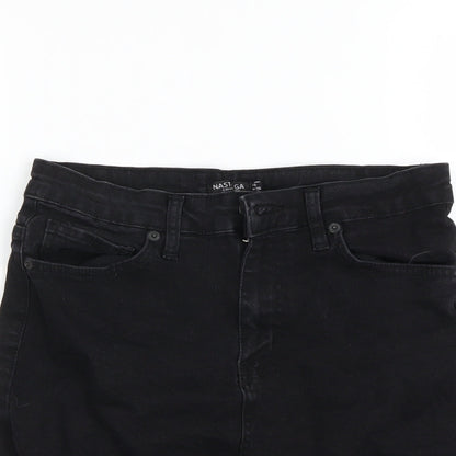 Close-up detail of Nasty Gal women’s black mini skirt, size UK 8