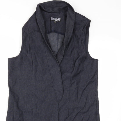 Close-up detail of triesito women’s blue jacket waistcoat, size UK 14