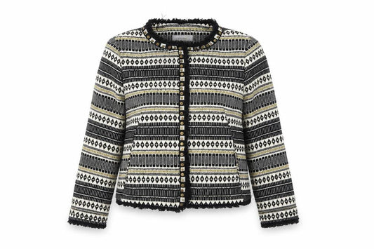Front view of Per Una women’s black striped jacket, size UK 8