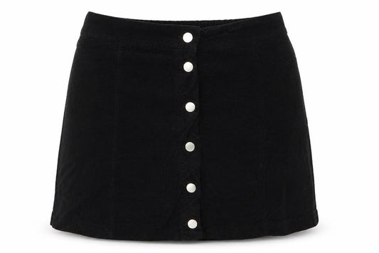 Front view of Lulua women’s black corduroy a-line skirt, size L