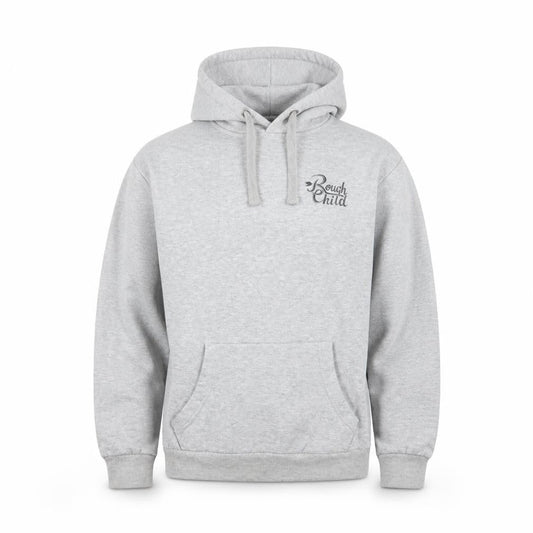 Front view of Rough Child men’s grey jersey pullover hoodie, size M