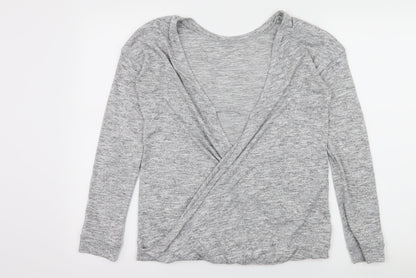 Back view of Miss Selfridge women’s grey jersey basic t-shirt, size UK 8, - open back