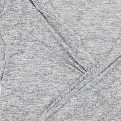 Brand and care label for Miss Selfridge women’s grey jersey basic t-shirt, size UK 8, - open back