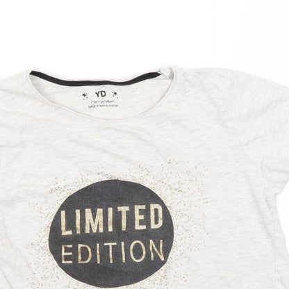 Close-up detail of prim girls’ grey basic t-shirt, size 10, years