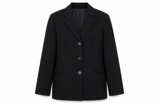 Front view of Klass women’s black striped jacket coat, size UK 14