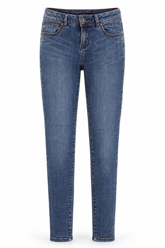 Front view of women’s blue denim skinny jeans, size UK 8, 27-inch leg
