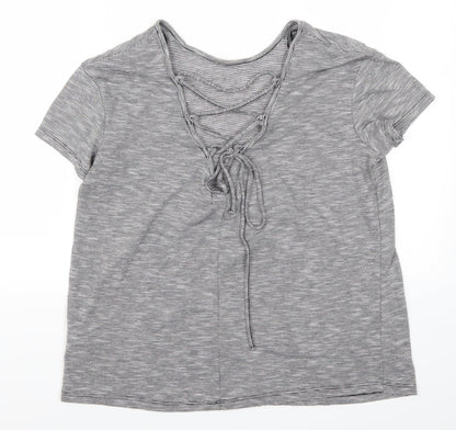 Back view of H&M women’s grey striped basic t-shirt, size M
