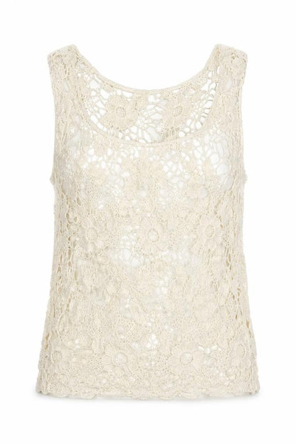 Front view of Atmosphere women’s beige floral lace basic tank, size XS