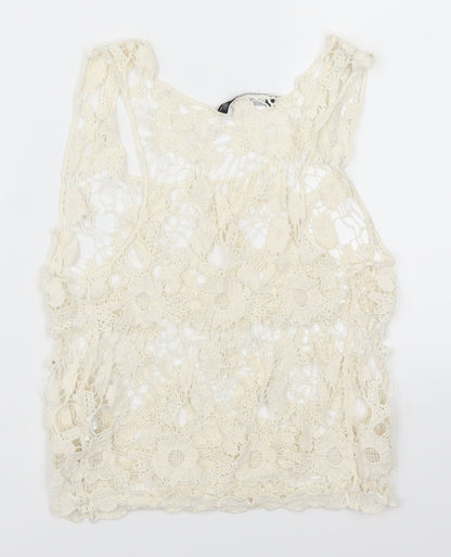 Back view of Atmosphere women’s beige floral lace basic tank, size XS