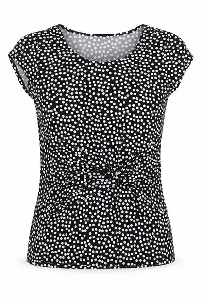Front view of Simon Jeffrey women’s beige polka dot basic t-shirt, size UK 14