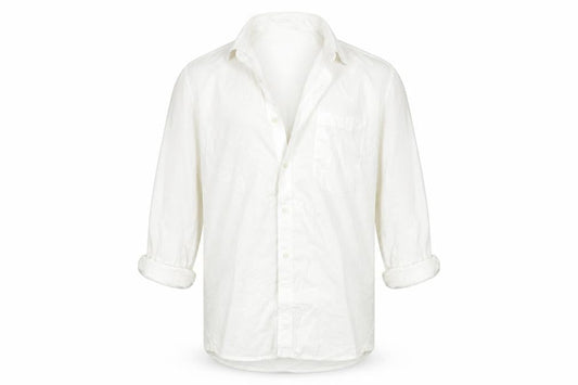 Front view of French Connection men’s white button-up, size M