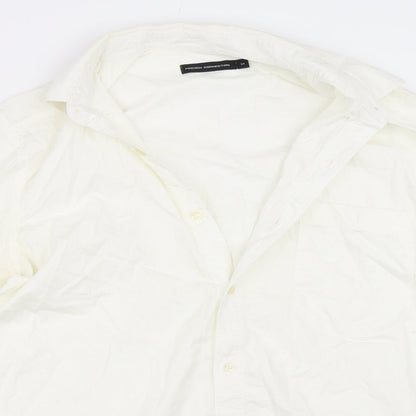 Close-up detail of French Connection men’s white button-up, size M