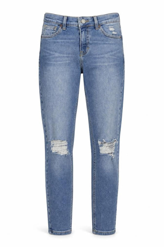 Front view of Topshop women’s blue denim skinny jeans, size UK 26, in, 28-inch leg