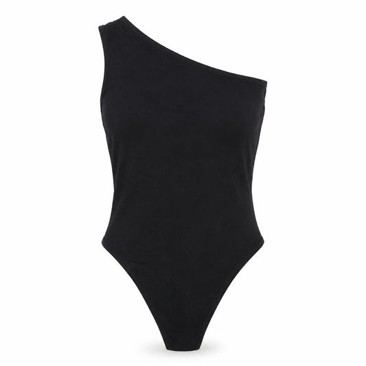 Front view of Boohoo women’s black bodysuit one-piece, size UK 8