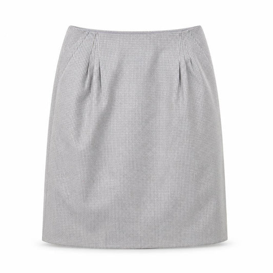 Front view of Preworn women’s grey camouflage a-line skirt, size UK 30, in