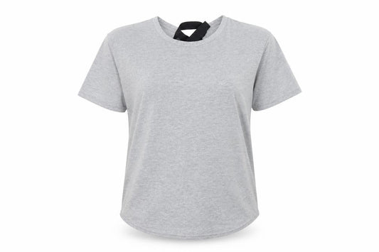 Front view of Boohoo women’s grey basic t-shirt, size UK 12
