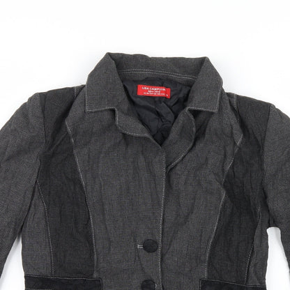 Close-up detail of Lisa Campione women’s grey geometric jacket, size UK 10