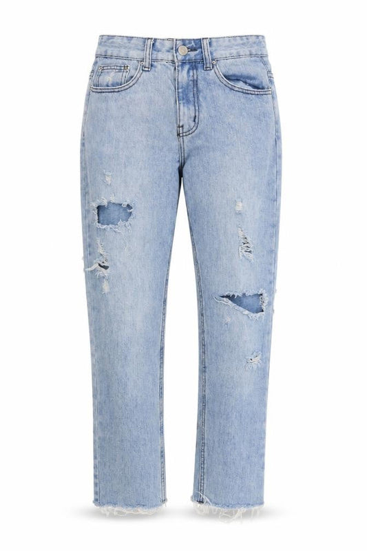 Front view of women’s blue straight jeans, size UK 8, 25-inch leg
