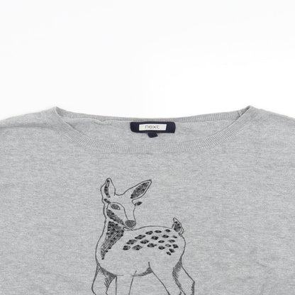 Close-up detail of Next women’s grey jumper, size UK 14, - deer
