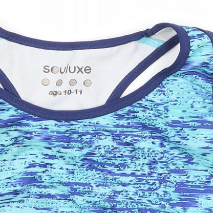 Close-up detail of Souluxe girls’ blue basic tank, size 10-11, years