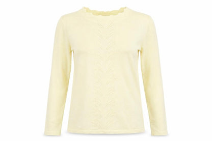 Front view of Dorothy Perkins women’s yellow striped knit jumper, size UK 8