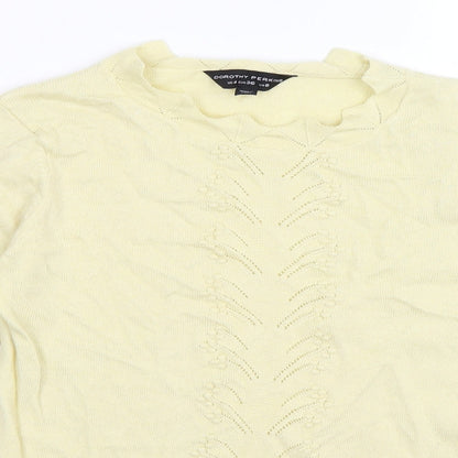 Close-up detail of Dorothy Perkins women’s yellow striped knit jumper, size UK 8