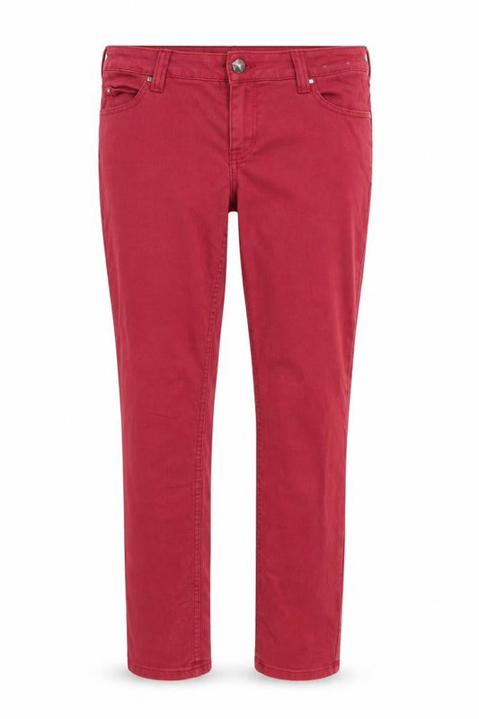 Front view of Dorothy Perkins women’s red denim skinny jeans, size UK 8, 31-inch leg