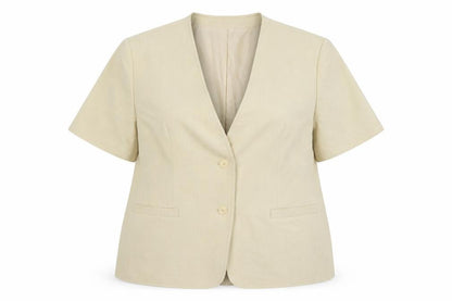 Front view of C&A women’s beige jacket blazer, size UK 24, - shoulder pads