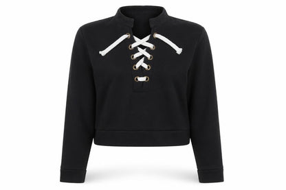 Front view of Beauty Angel women’s black pullover sweatshirt, size M