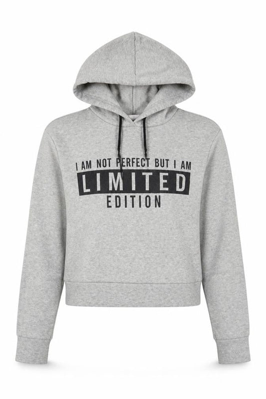 Front view of Style Plus women’s grey pullover hoodie, size S, - i am not perfect but i am limited edition
