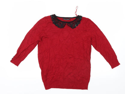 Additional front view of David Emanuel women’s red knit jumper, size XS, - lace collar