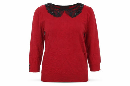 Front view of David Emanuel women’s red knit jumper, size XS, - lace collar