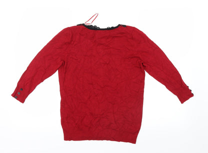 Back view of David Emanuel women’s red knit jumper, size XS, - lace collar