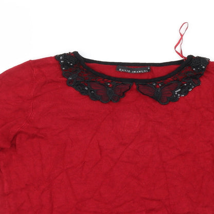 Close-up detail of David Emanuel women’s red knit jumper, size XS, - lace collar