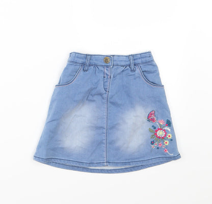 Front view of Nutmeg girls’ blue floral denim a-line skirt, size 4-5, years