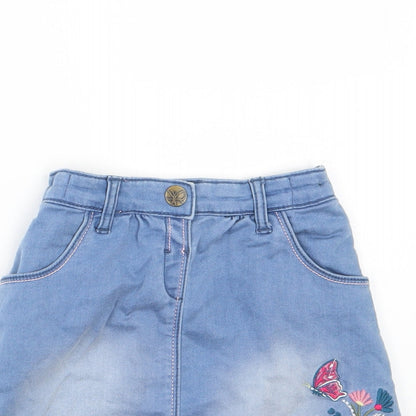 Close-up detail of Nutmeg girls’ blue floral denim a-line skirt, size 4-5, years