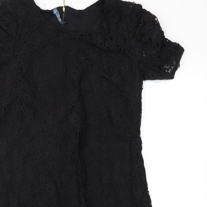Close-up detail of Evie women’s black lace shift, size UK 14