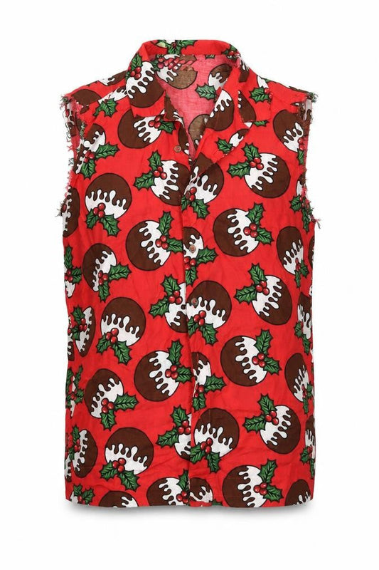 Front view of Urban Threads men’s red geometric button-up, size M, - pudding