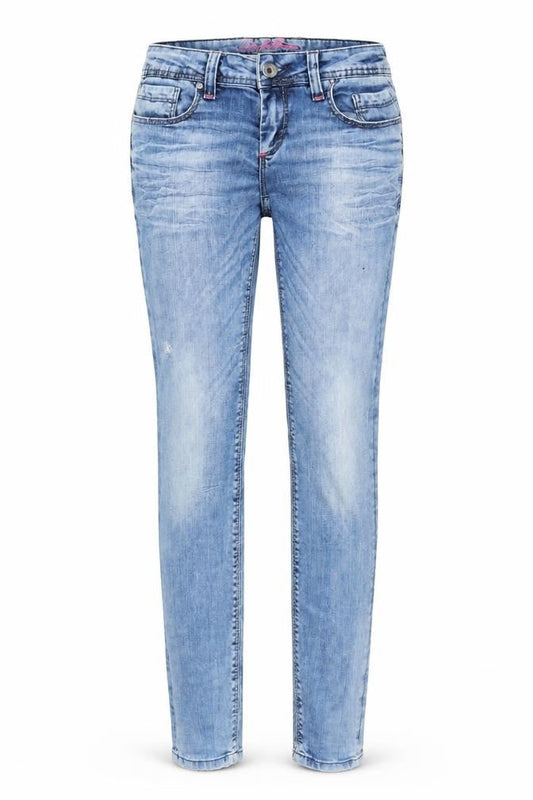 Front view of women’s blue skinny jeans, size UK 29, in, 32-inch leg