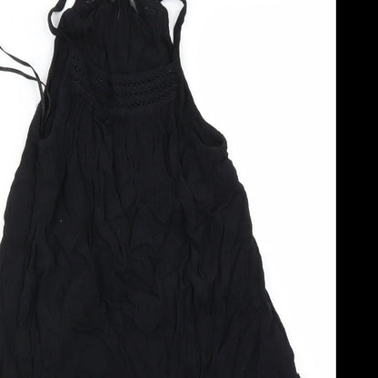 Close-up detail of Miss Selfridge women’s black basic t-shirt, size UK 8