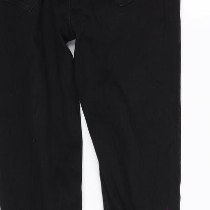 Brand and care label for Denim & Co. women’s black trousers, size M, 32-inch leg