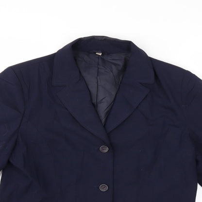 Close-up detail of EWM women’s blue jacket, size UK 12