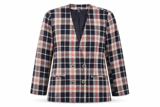 Front view of Preworn women’s blue check jacket, size UK 14