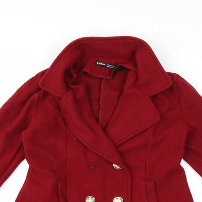 Close-up detail of SHEIN women’s red overcoat coat, size S