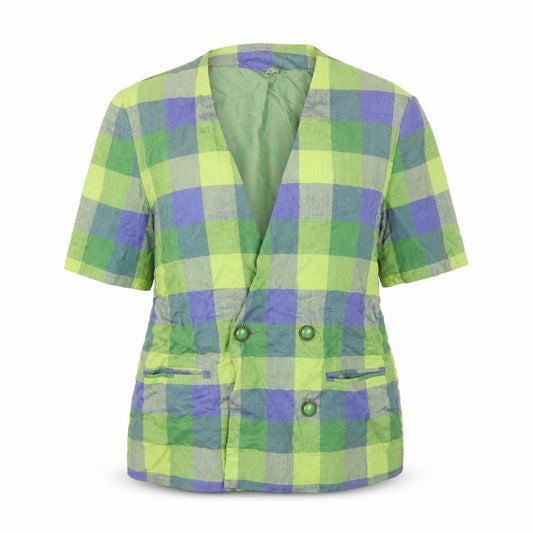 Front view of Preworn women’s green check jacket blazer, size UK 16