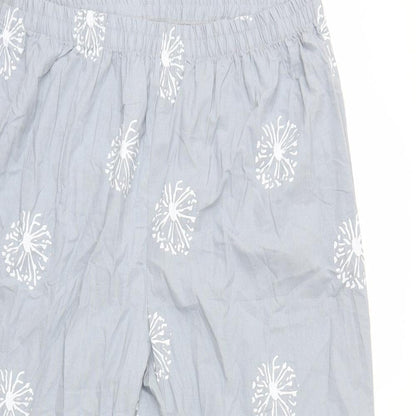 Close-up detail of Preworn women’s grey floral trousers, size UK 39, in, 23-inch leg