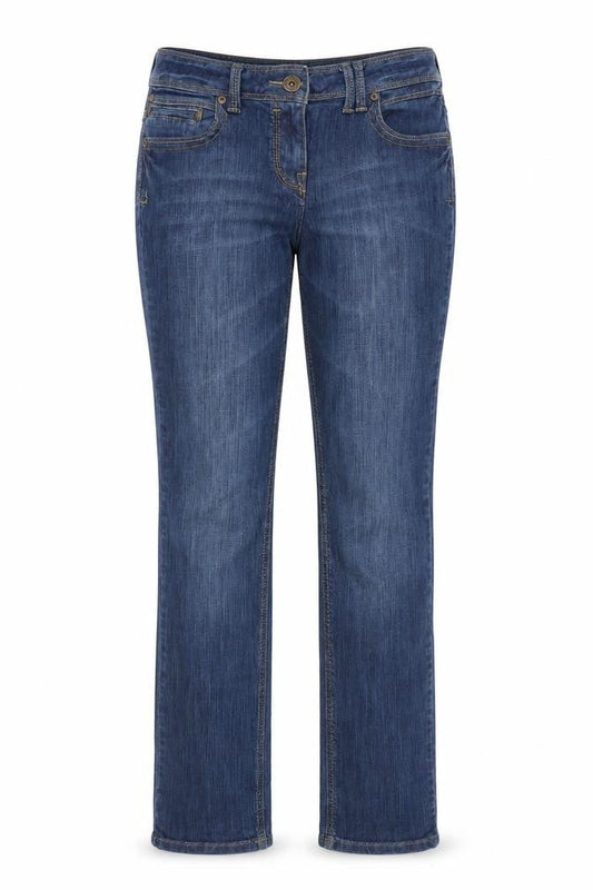 Front view of women’s blue skinny jeans, size UK 12, 31-inch leg