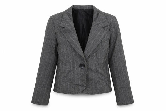 Front view of Preworn women’s grey striped jacket blazer, size UK 10