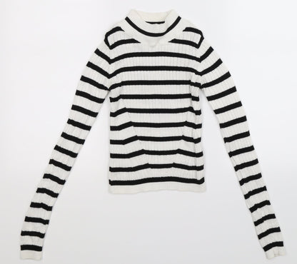 Front view of Topshop women’s white striped knit jumper, size UK 4